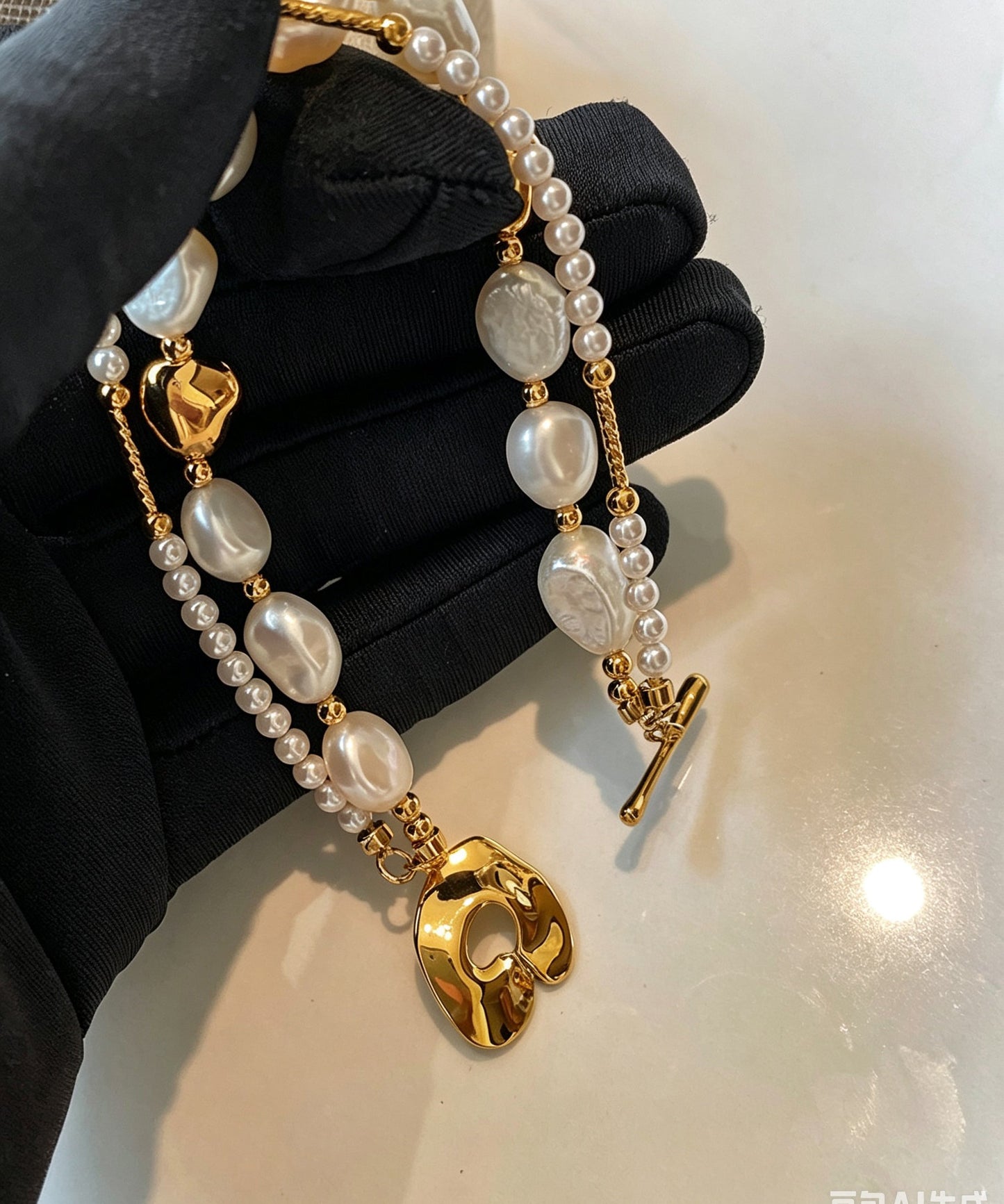 Stylish Gold Copper Overgild Pearl Double Layer Charm Bracelet
