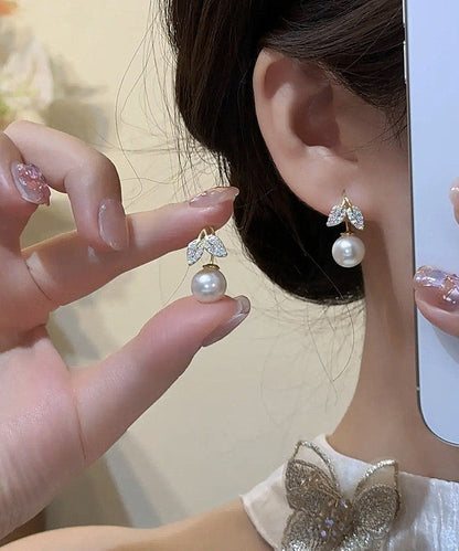 Stylish Gold Copper Overgild Zircon Leaves Pearl Drop Earrings