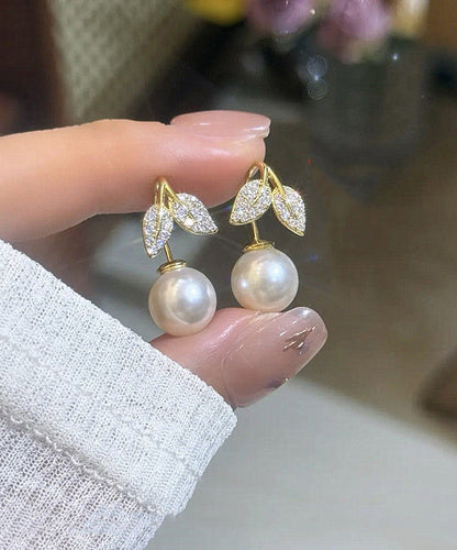 Stylish Gold Copper Overgild Zircon Leaves Pearl Drop Earrings