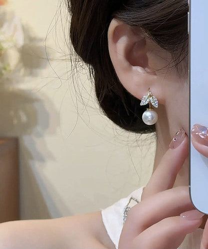 Stylish Gold Copper Overgild Zircon Leaves Pearl Drop Earrings