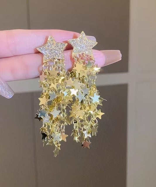 Stylish Gold Copper Overgild Zircon Pentagram Tassel Drop Earrings