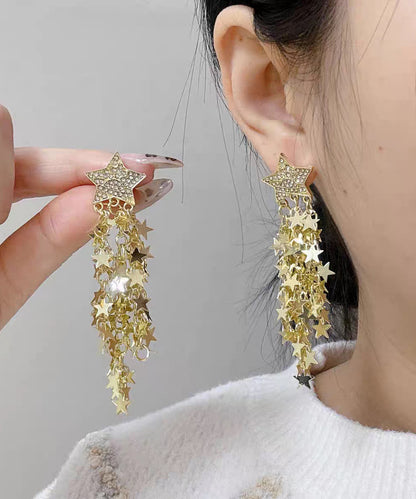 Stylish Gold Copper Overgild Zircon Pentagram Tassel Drop Earrings