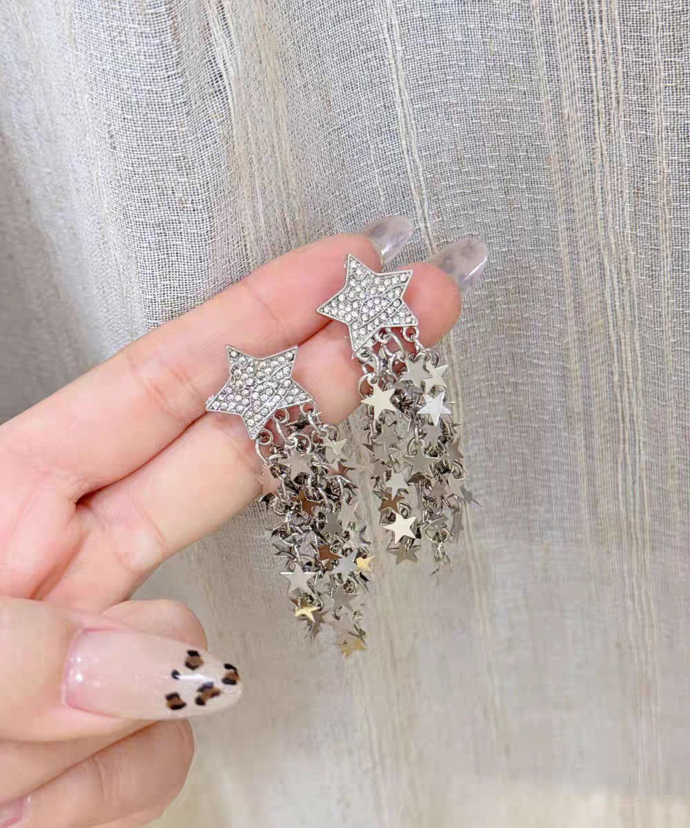 Stylish Gold Copper Overgild Zircon Pentagram Tassel Drop Earrings