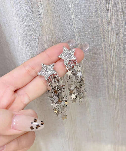 Stylish Gold Copper Overgild Zircon Pentagram Tassel Drop Earrings