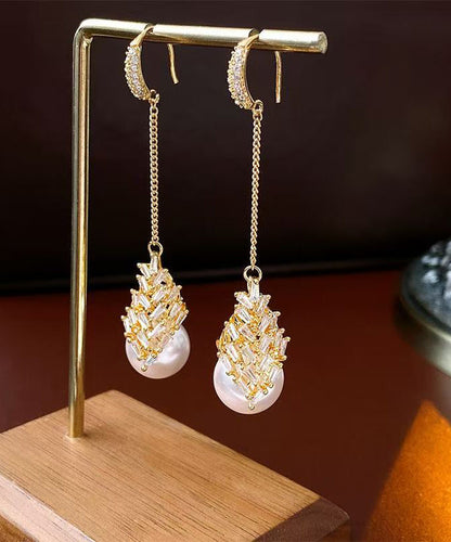 Stylish Gold Copper Zircon Pearl Tassel Drop Earrings