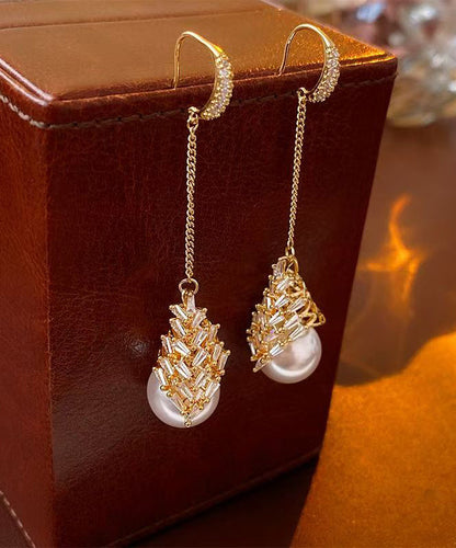 Stylish Gold Copper Zircon Pearl Tassel Drop Earrings