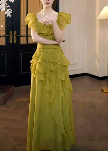 Stylish Grass Green Ruffled Asymmetrical Design Chiffon Party Dress Summer