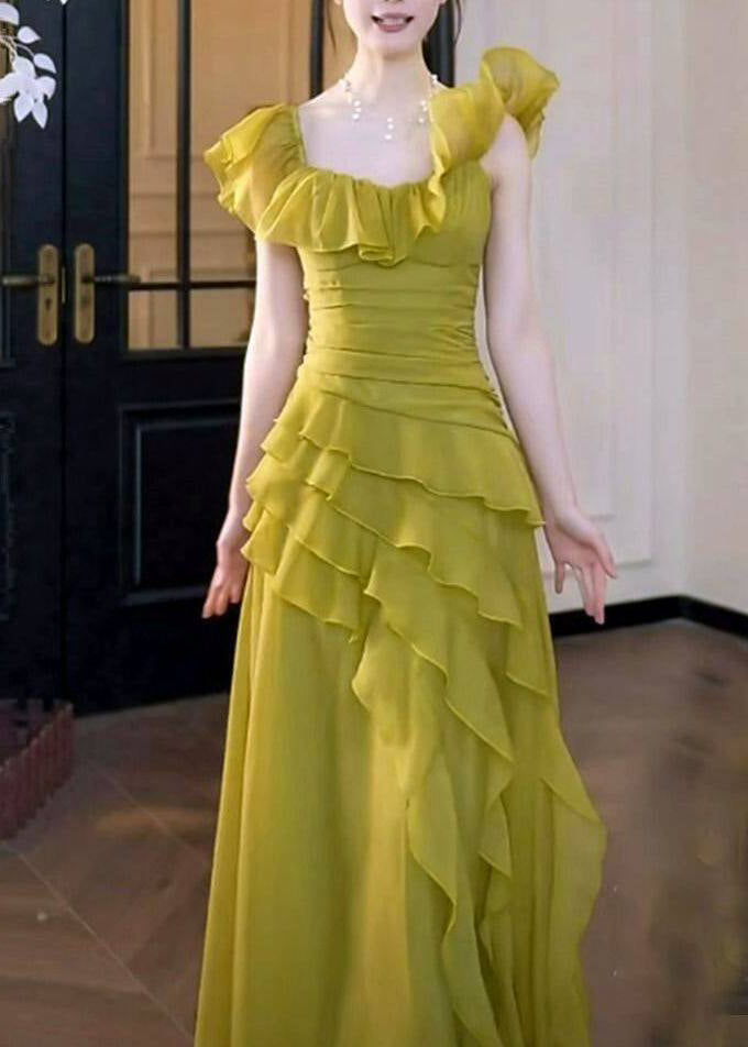 Stylish Grass Green Ruffled Asymmetrical Design Chiffon Party Dress Summer