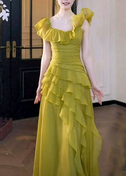 Stylish Grass Green Ruffled Asymmetrical Design Chiffon Party Dress Summer