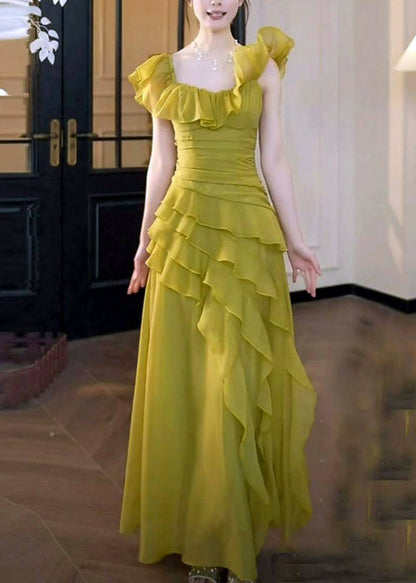 Stylish Grass Green Ruffled Asymmetrical Design Chiffon Party Dress Summer