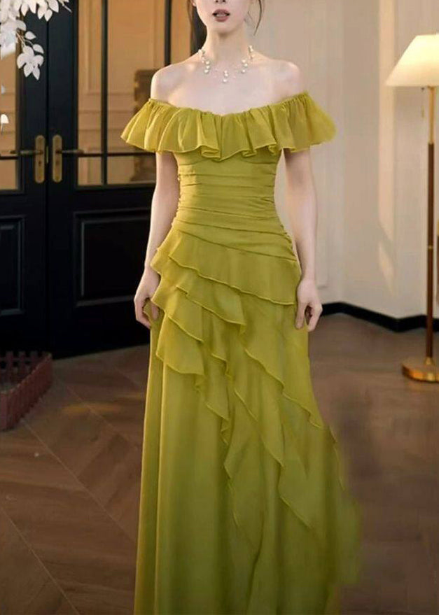 Stylish Grass Green Ruffled Asymmetrical Design Chiffon Party Dress Summer