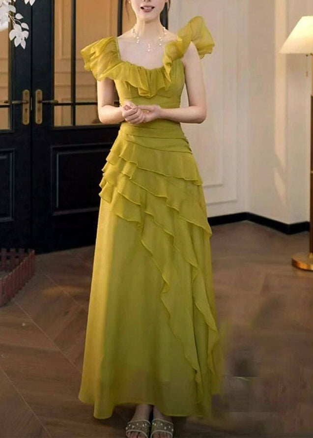 Stylish Grass Green Ruffled Asymmetrical Design Chiffon Party Dress Summer