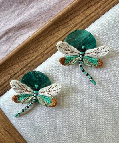Stylish Green Alloy Cloth Dragonfly Stud Earrings