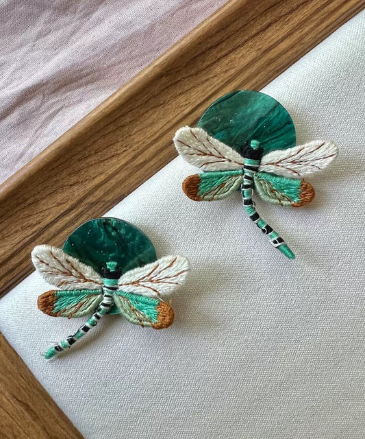 Stylish Green Alloy Cloth Dragonfly Stud Earrings