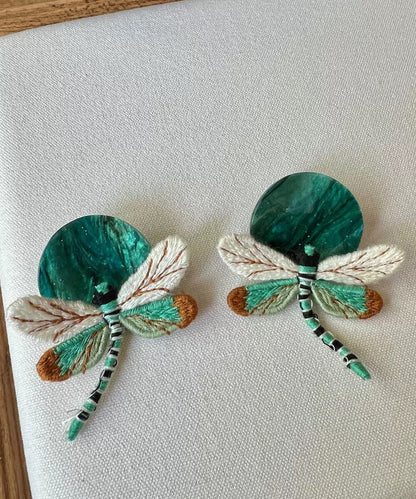 Stylish Green Alloy Cloth Dragonfly Stud Earrings