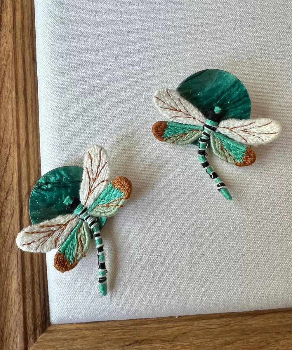 Stylish Green Alloy Cloth Dragonfly Stud Earrings