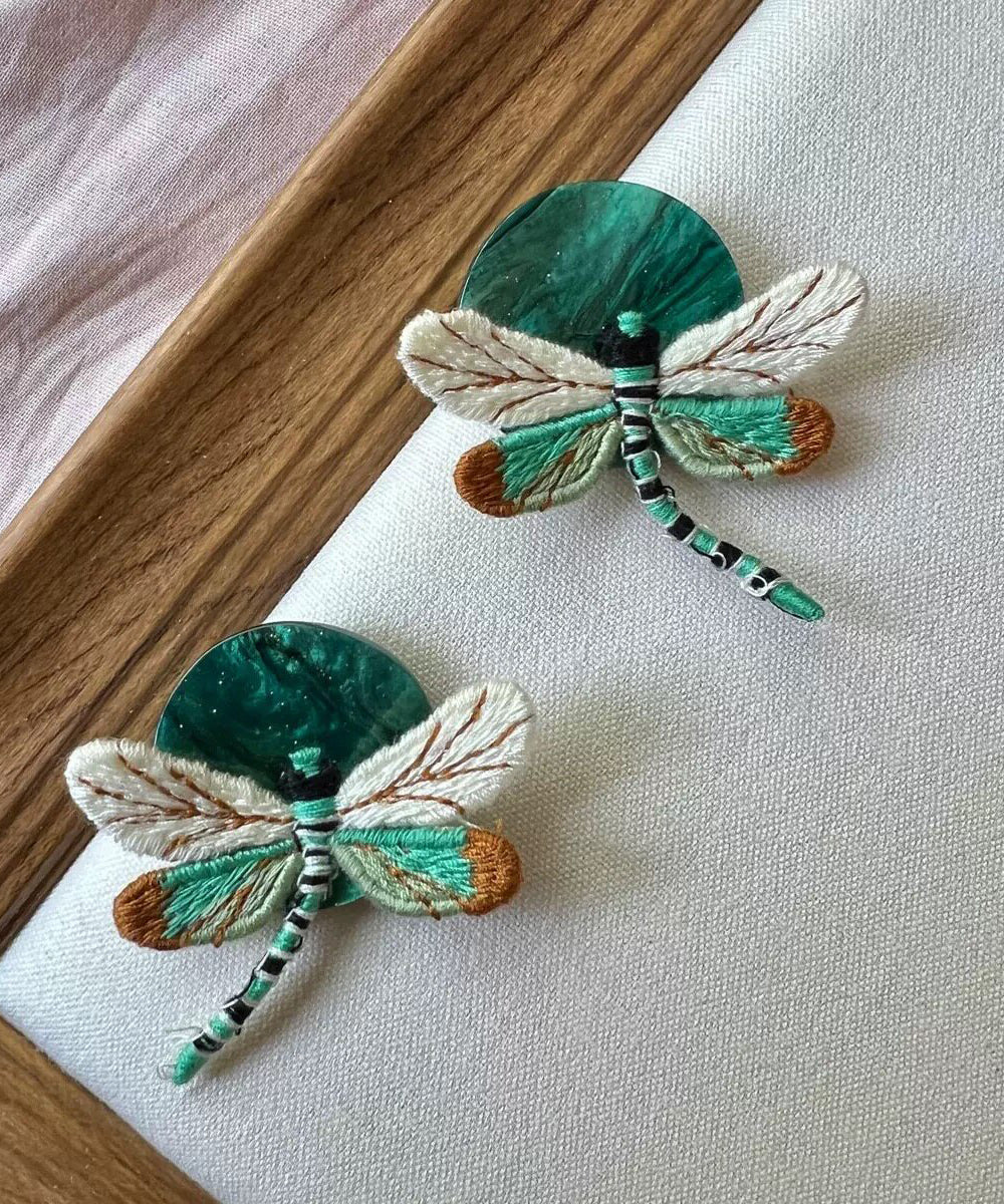 Stylish Green Alloy Cloth Dragonfly Stud Earrings