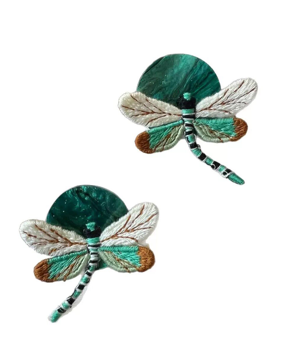 Stylish Green Alloy Cloth Dragonfly Stud Earrings