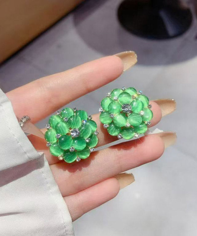 Stylish Green Alloy Zircon Floral Cat's Eye Stud Earrings