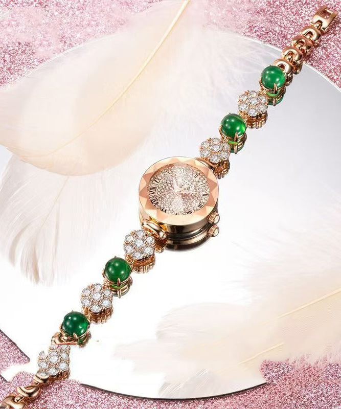 Stylish Green Alloy Zircon Jade Gem Stone Quartz Movement Watches