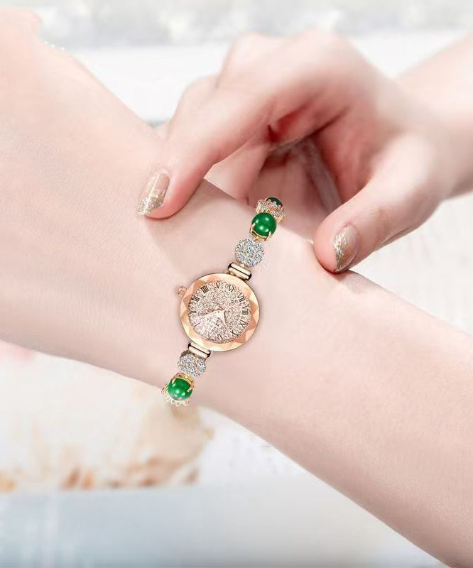 Stylish Green Alloy Zircon Jade Gem Stone Quartz Movement Watches