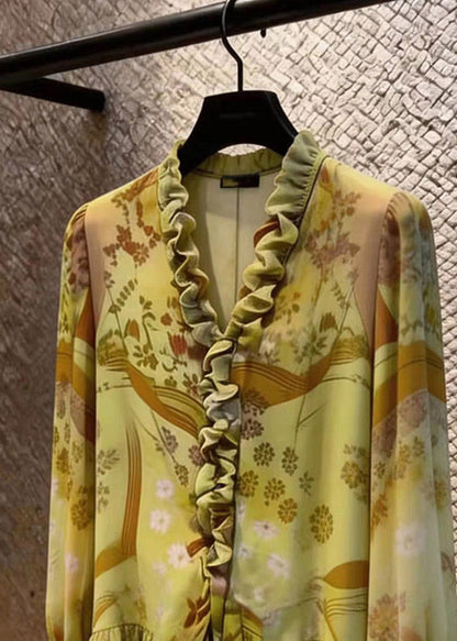 Stylish Green Asymmetrical Ruffled Patchwork Shirts Flare Sleeve