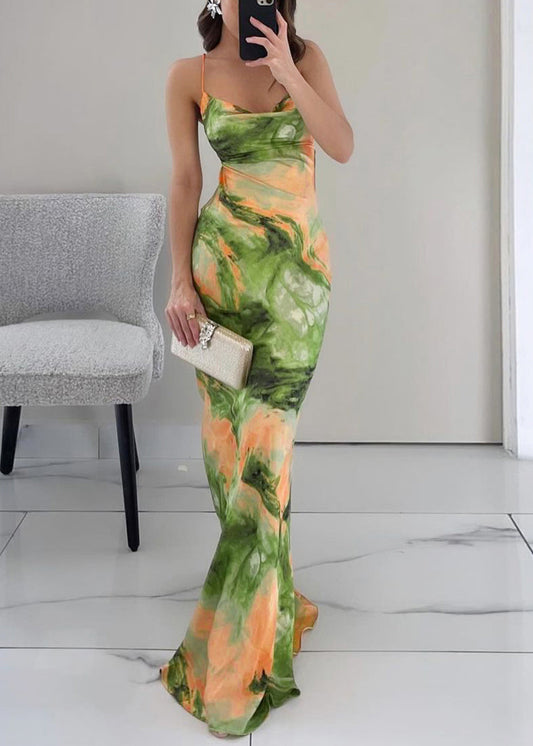 Stylish Green Backless Print Lace Up Maxi Dresses Summer