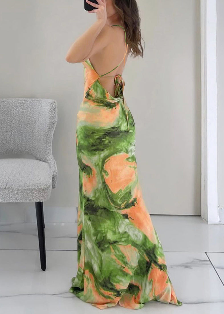Stylish Green Backless Print Lace Up Maxi Dresses Summer