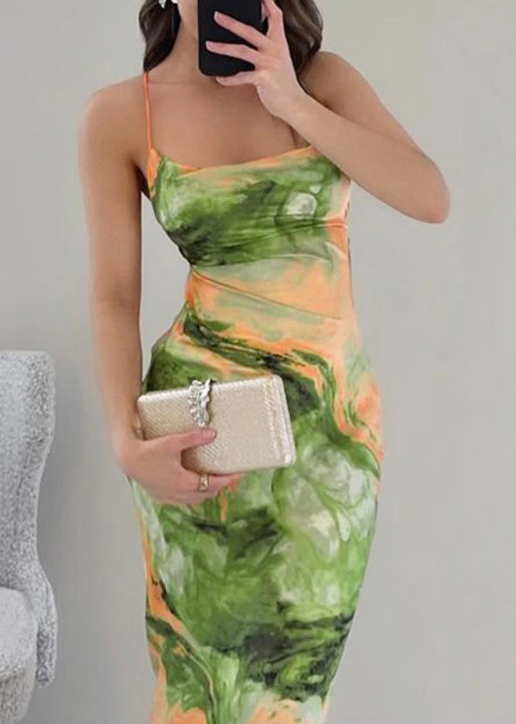 Stylish Green Backless Print Lace Up Maxi Dresses Summer