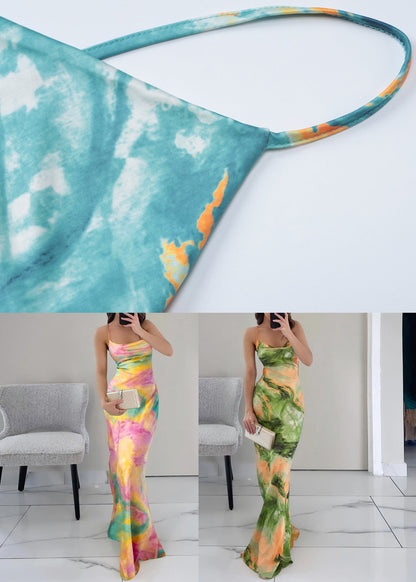 Stylish Green Backless Print Lace Up Maxi Dresses Summer