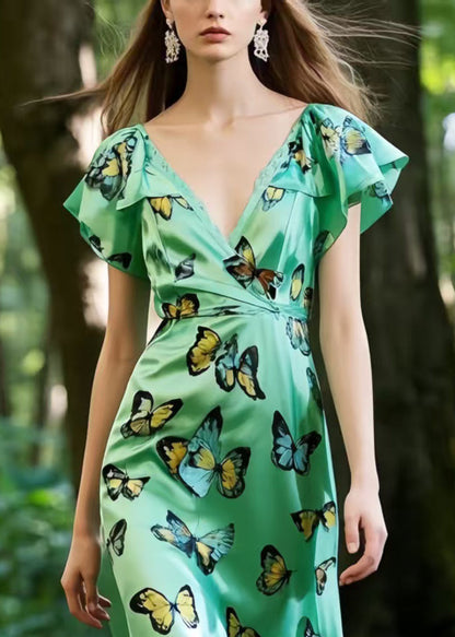 Stylish Green Butterfly Patchwork Silk Long Dresses Summer