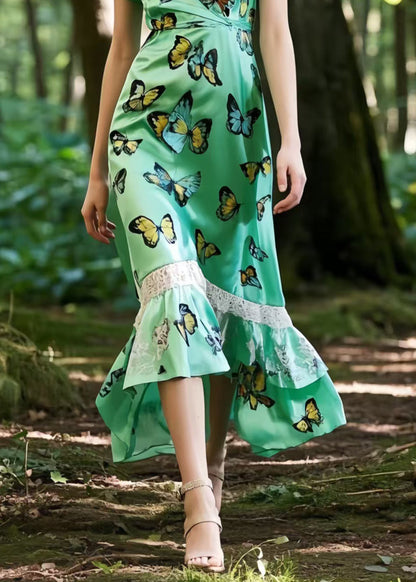Stylish Green Butterfly Patchwork Silk Long Dresses Summer
