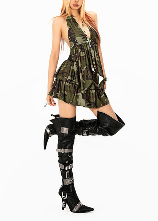 Stylish Green Camouflage V Neck Wrinkled Mid Dress Sleeveless