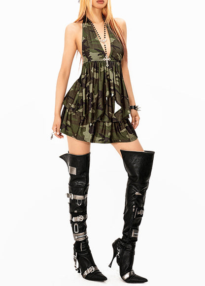 Stylish Green Camouflage V Neck Wrinkled Mid Dress Sleeveless