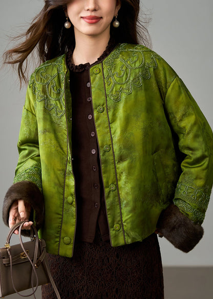 Stylish Green Embroidered Patchwork Mink Hair Duck Down Coats Winter