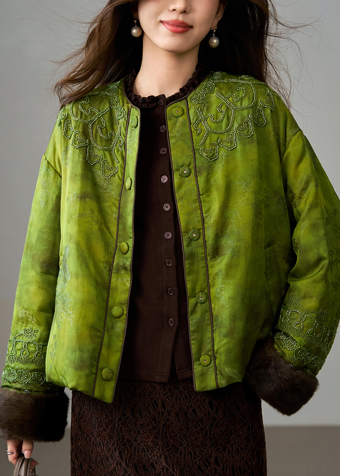 Stylish Green Embroidered Patchwork Mink Hair Duck Down Coats Winter