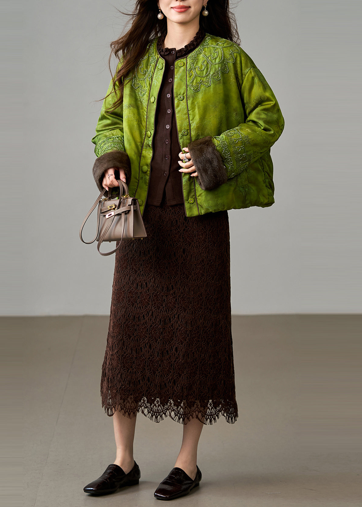 Stylish Green Embroidered Patchwork Mink Hair Duck Down Coats Winter