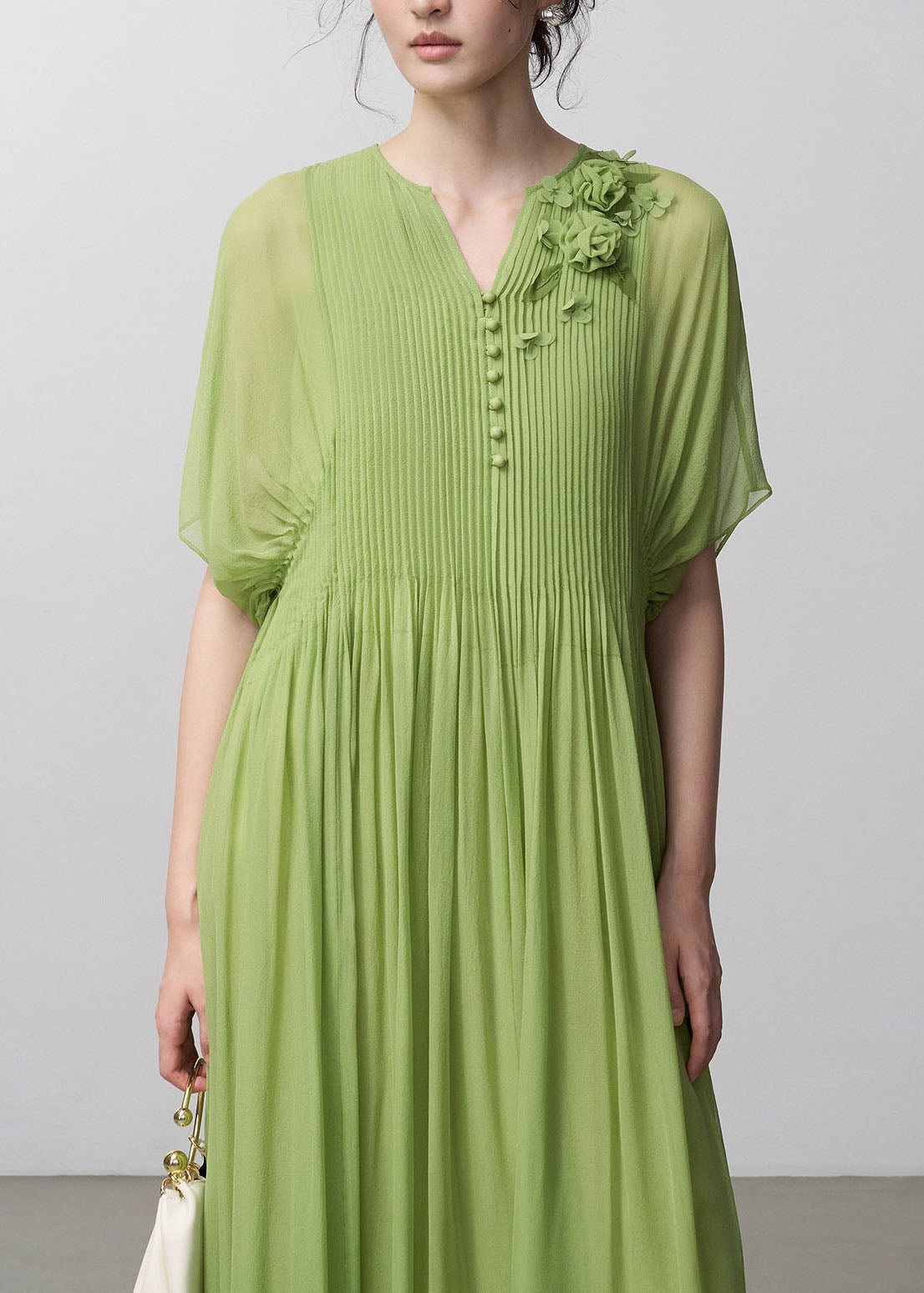 Stylish Green Floral Wrinkled Silk Long Dress Set Summer