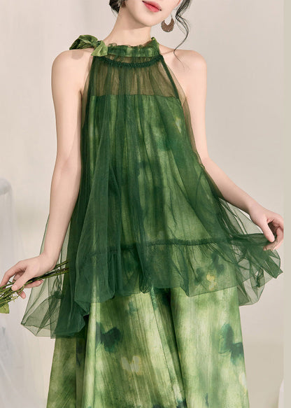 Stylish Green Halter Backless Fake Two Pieces Tulle Long Dress Sleeveless