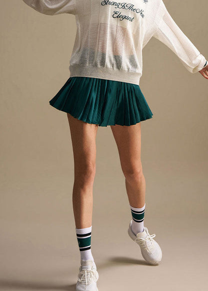 Stylish Green High Waist Built-In Shorts Athletic Pleated Skirt