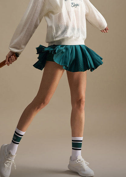 Stylish Green High Waist Built-In Shorts Athletic Pleated Skirt