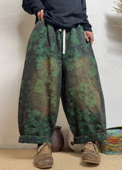 Stylish Green Jacquard Pockets Patchwork Denim Harem Pants Fall
