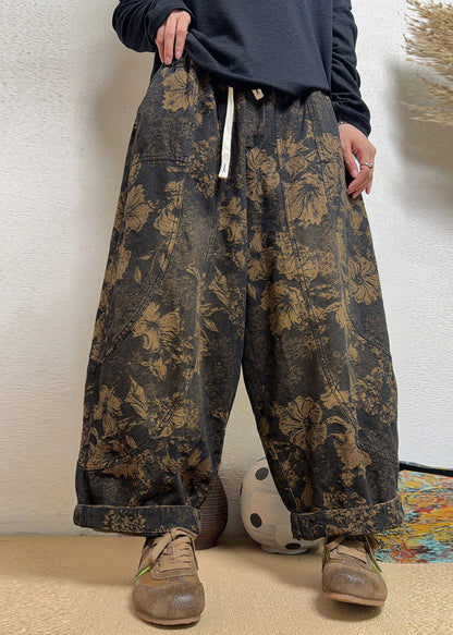 Stylish Green Jacquard Pockets Patchwork Denim Harem Pants Fall