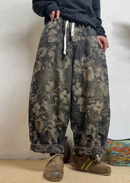 Stylish Green Jacquard Pockets Patchwork Denim Harem Pants Fall