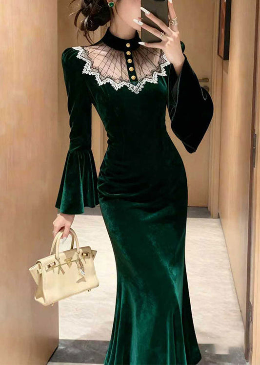 Stylish Green Lace Patchwork Silk Velvet Long Dress Flare Sleeve
