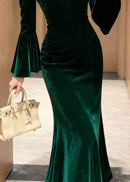 Stylish Green Lace Patchwork Silk Velvet Long Dress Flare Sleeve