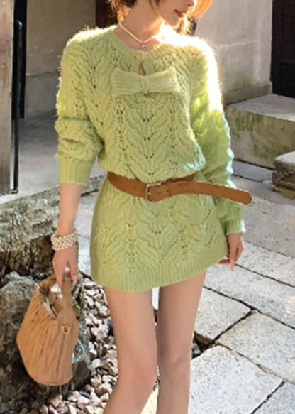 Stylish Green O Neck Bow Patchwork Mid Knit Dress Spring