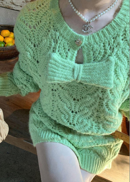 Stylish Green O Neck Bow Patchwork Mid Knit Dress Spring