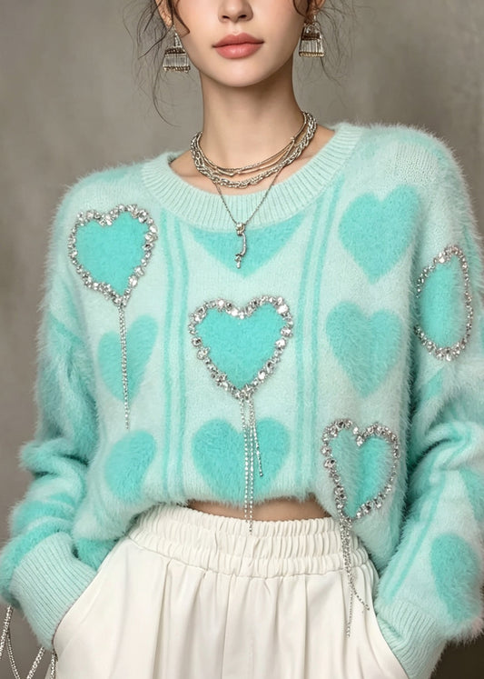 Stylish Green O Neck Heart Zircon Thick Knit Sweater Tops Fall