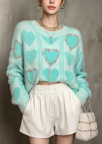 Stylish Green O Neck Heart Zircon Thick Knit Sweater Tops Fall